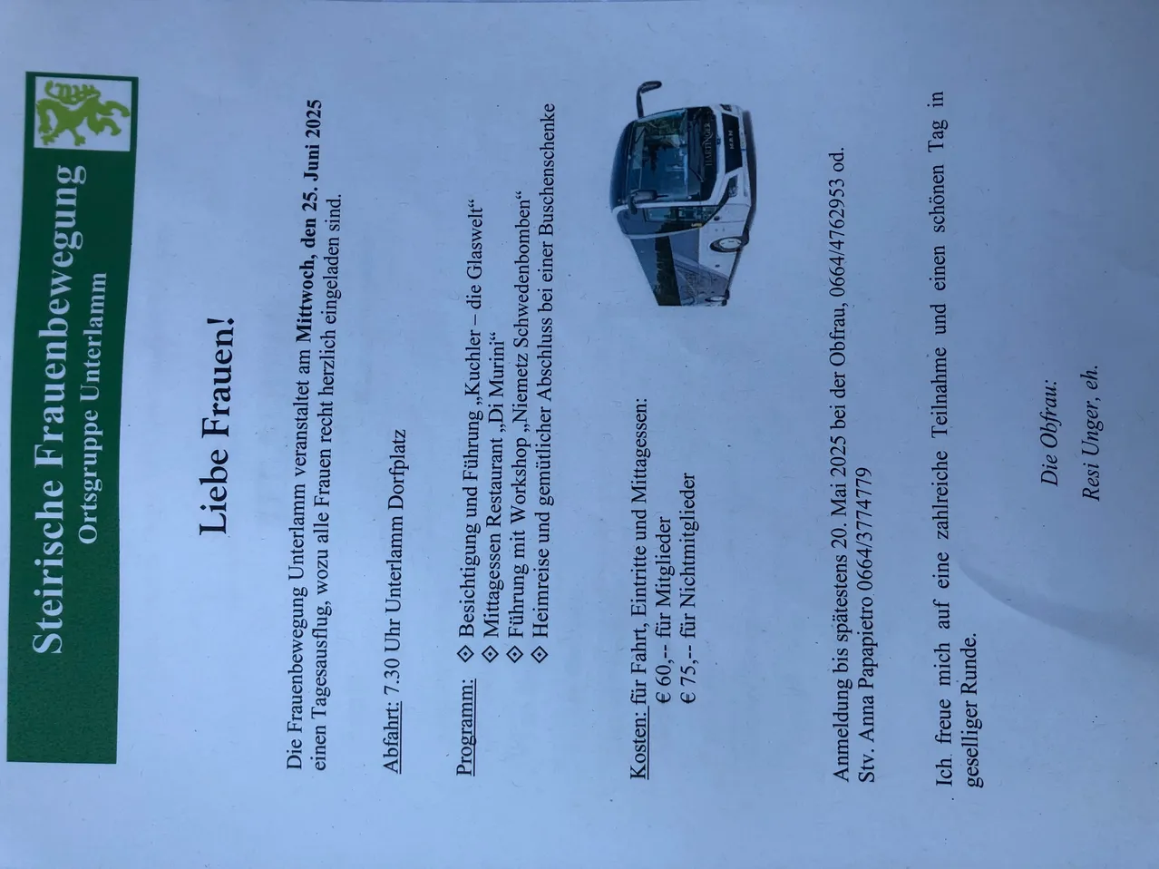 Das Bild zeigt eine Reise-Werbung für eine Reise am 25. Juni 2025. Es enthält Details zu Kosten, Zeiten und einem Bus-Bild.