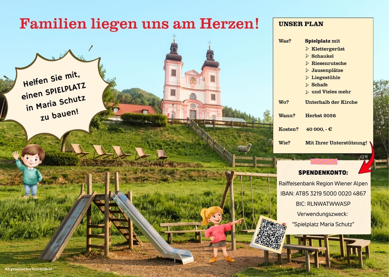 Ein Poster mit einem Mädchen, das auf eine Rutsche in einem Spielplatz zeigt. Dahinter steht eine Kirche, und es gibt Bänke und ein Schaf im Hintergrund. Das Poster enthält einen QR-Code und Bankdaten.