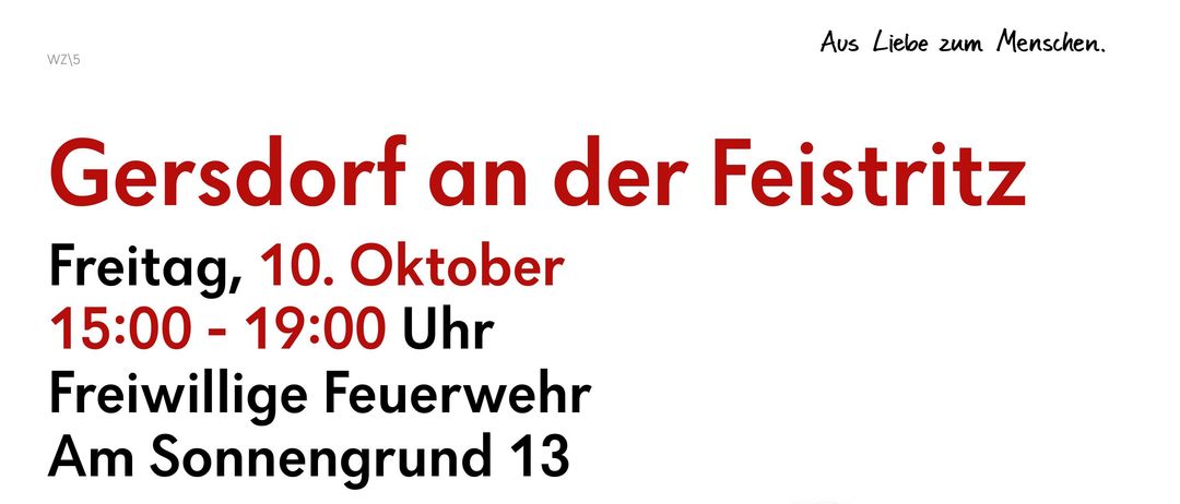 Plakat für eine Blutspendeveranstaltung in Gersddorf. Zeigt eine Frau und Informationen über eine Blutspendeaktion am 10. Oktober. Der Text enthält Details zu Zeit und Ort der Veranstaltung.