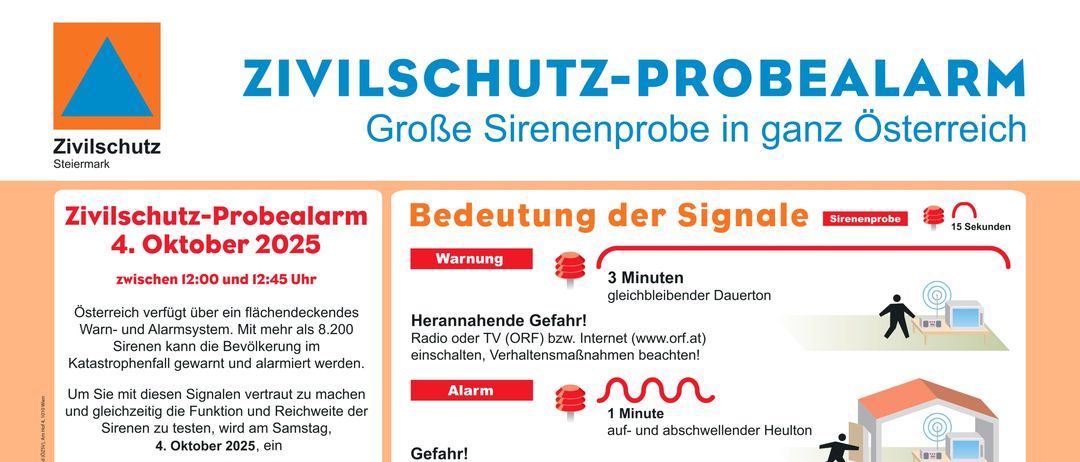Ein Ankündigungsposter für einen Zivilschutzalarmtest am 4. Oktober 2025, von 12:00 bis 12:45, in deutscher Sprache. Es enthält Signalbedeutungen und Anweisungen, Radio oder Fernseher auszuschalten und Updates auf ORF oder im Internet zu überprüfen.