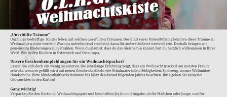 Ein Bild mit einem Kind, das eine Schachtel mit der Aufschrift 'O.L.R.G. Weihnachtskiste' hält. Der Text spricht über die Erfüllung von Kinderträumen in Österreich und Europa und schlägt Spenden von Lebensmitteln mit einer Haltbarkeit von mindestens sechs Monaten vor. Die Veranstaltung wird von der Freiwilligen Feuerwehr Gersdorf a.d. Feistritz am 22. November 2025 ausgerichtet.