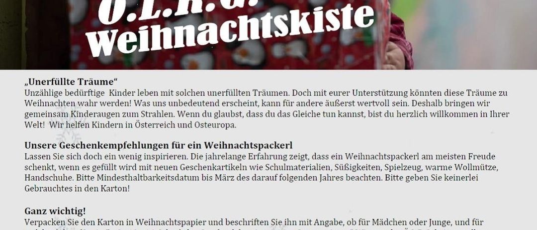 Ein Bild mit einem Kind, das eine Schachtel mit der Aufschrift 'O.L.R.G. Weihnachtskiste' hält. Der Text spricht über die Erfüllung von Kinderträumen in Österreich und Europa und schlägt Spenden von Lebensmitteln mit einer Haltbarkeit von mindestens sechs Monaten vor. Die Veranstaltung wird von der Freiwilligen Feuerwehr Gersdorf a.d. Feistritz am 22. November 2025 ausgerichtet.