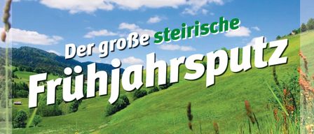 Plakat für die große steirische Frühjahrsputzaktion vom 21. März bis 9. Mai 2026, mit einer grünen Landschaft, Bergen und blauem Himmel. Das Plakat enthält Logos für STOP Littering und das steirische Land Mark. Unten ist ein QR-Code zu sehen.