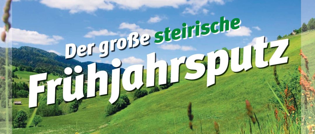 Plakat für die große steirische Frühjahrsputzaktion vom 21. März bis 9. Mai 2026, mit einer grünen Landschaft, Bergen und blauem Himmel. Das Plakat enthält Logos für STOP Littering und das steirische Land Mark. Unten ist ein QR-Code zu sehen.