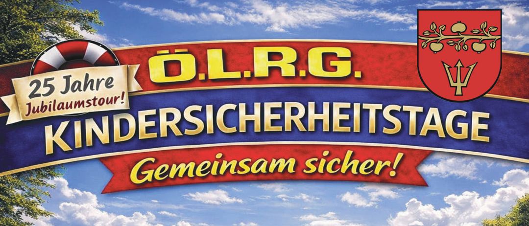 Plakat mit zwei Kindern in Feuerwehruniformen, die Daumen hochhalten. Im Hintergrund sind Rettungswagen, Feuerwehrfahrzeuge und ein Polizeiauto. Die Veranstaltung findet am 23. Juni 2026 in der Volksschule Gersdorff ad Feistritz statt.