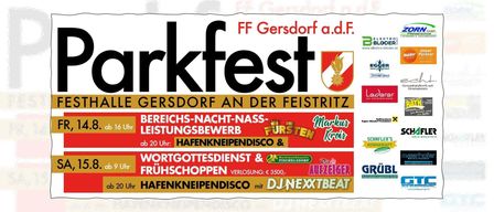 Plakat für das Darkfest-Event in Gersdorff, mit Zeitplan, Sponsoren und Aktivitäten wie nächtliche Wasserversorgung, Disco und Maispoppen.