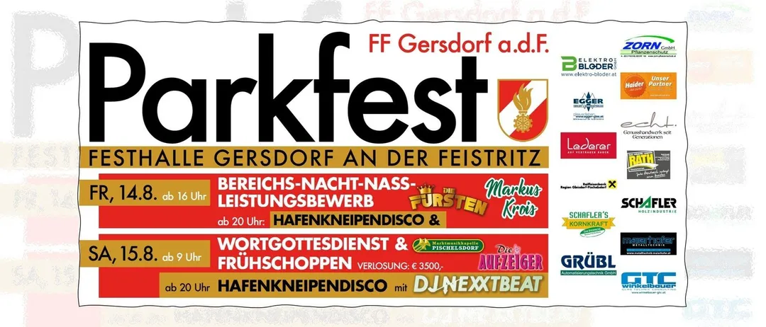 Plakat für das Darkfest-Event in Gersdorff, mit Zeitplan, Sponsoren und Aktivitäten wie nächtliche Wasserversorgung, Disco und Maispoppen.