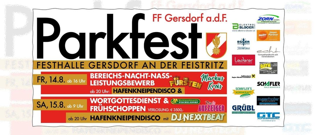 Plakat für das Darkfest-Event in Gersdorff, mit Zeitplan, Sponsoren und Aktivitäten wie nächtliche Wasserversorgung, Disco und Maispoppen.