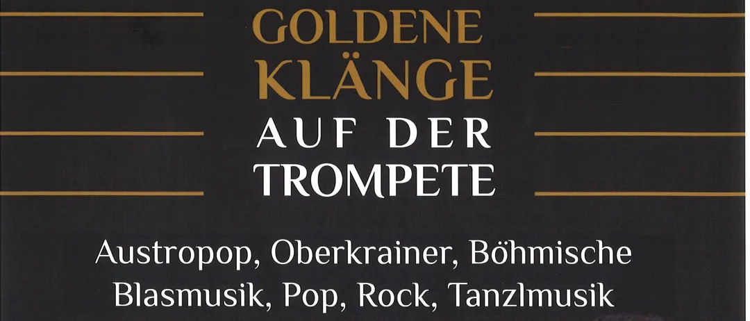 Ein schwarz-weißes Plakat bewirbt eine musikalische Veranstaltung mit einem Trompeter. Das Plakat enthält Text auf Deutsch und zeigt eine Gruppe von Musikern, die verschiedene Instrumente spielen. Die Veranstaltung ist für Samstag, den 10. Oktober 2026, um 18:30 Uhr geplant.