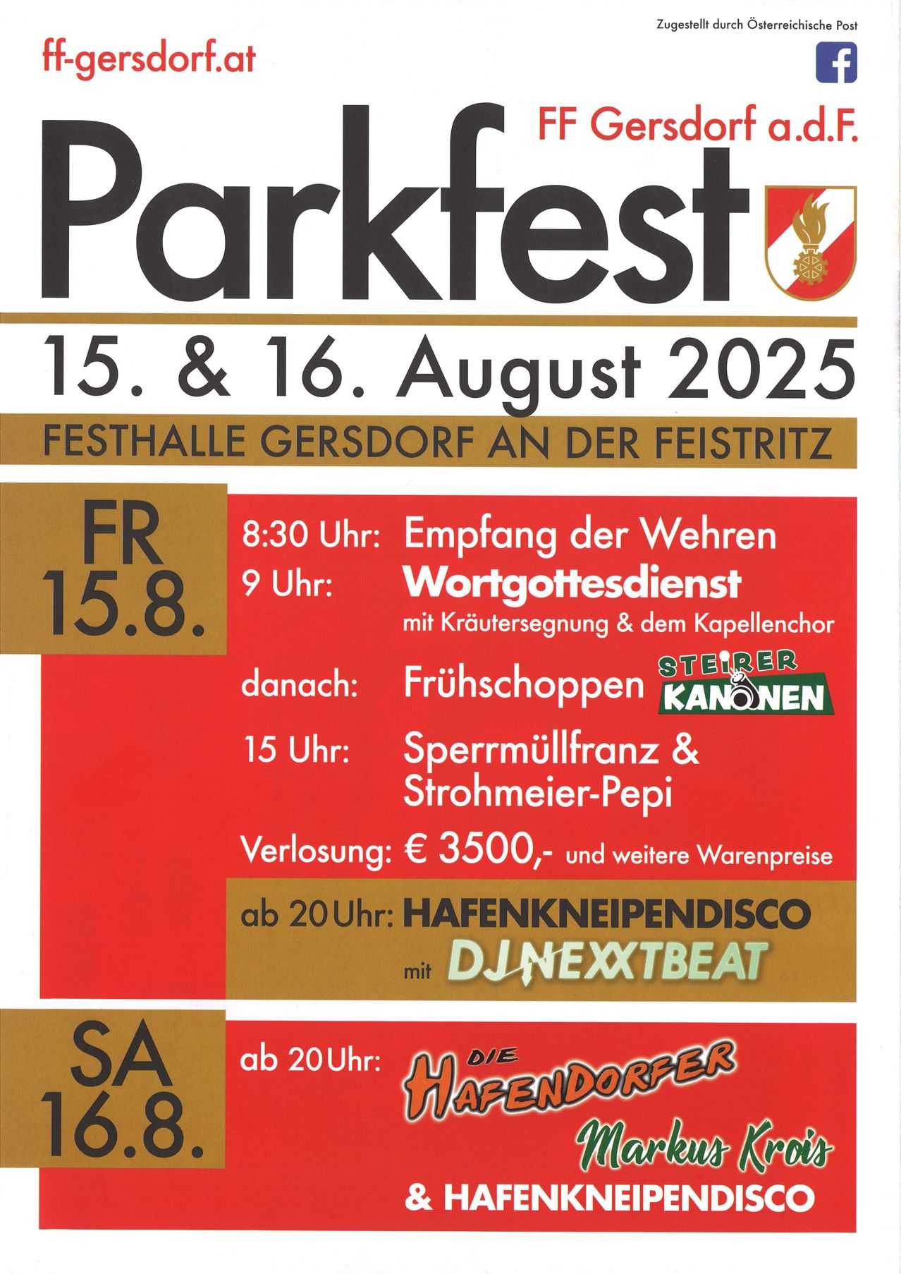 Parkfest am 15. und 16. August 2025 in der Festhalle Gersdorf. 8:30 Uhr: Empfang der Wehr. 9 Uhr: Wortgottesdienst mit Segnung und dem Chor. Danach: Frühstück. 15 Uhr: Wettbewerb und DJ Nextbeat ab 20 Uhr.