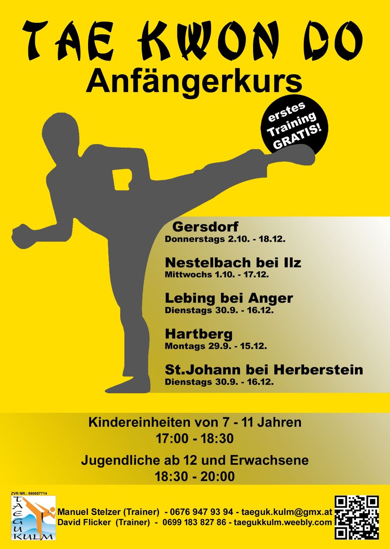 Ein Plakat bewirbt Kurse zur Wutbewältigung an verschiedenen Orten. Es zeigt eine Silhouette einer Person, die tritt. Der Zeitplan umfasst Gersdorff, Nestelbach, Lebring, Hartberg und St. Johann. Die Zeiten sind von 14 Uhr bis 18 Uhr. Kinder im Alter von 7 bis 11 Jahren können von 17 Uhr bis 18:30 Uhr teilnehmen.