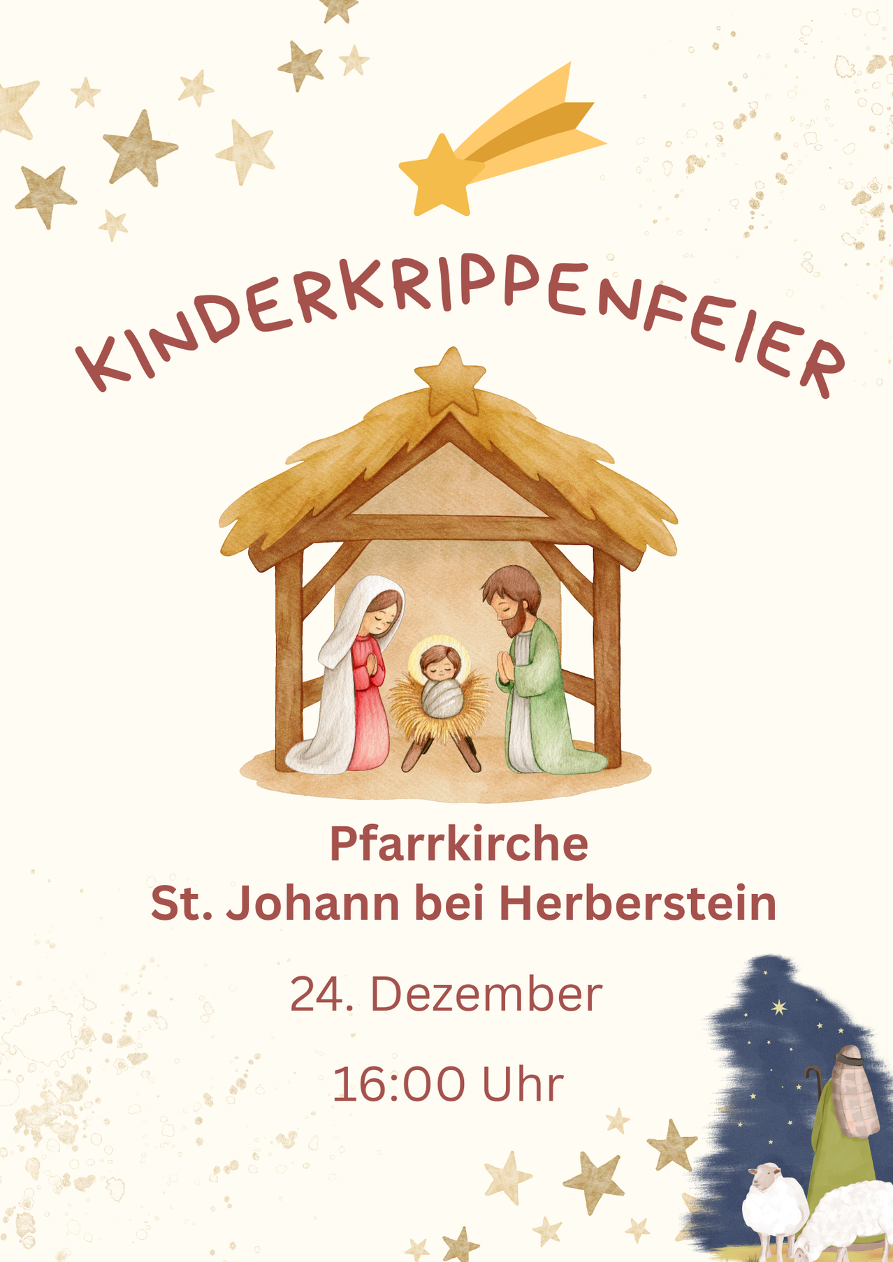 Plakat für die Kinderkripppefeier-Veranstaltung in der Pfarrkirche St. Johann bei Herberstein am 24. Dezember um 16:00 Uhr. Es zeigt eine Illustration einer Krippe.