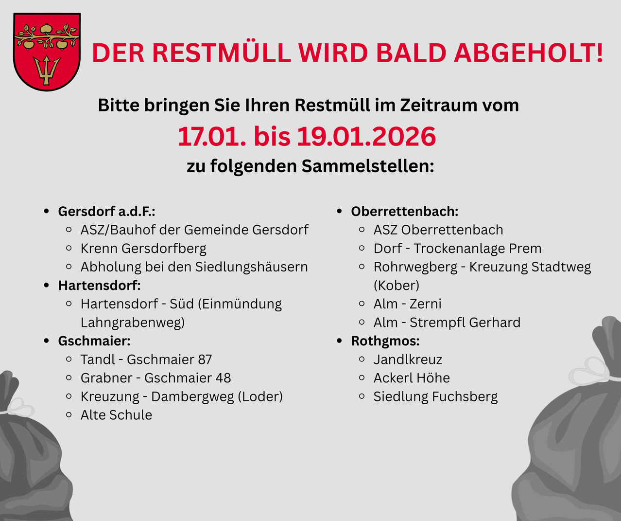 Das Bild zeigt eine Bekanntmachung über die Sammlung von Restmüll mit Terminen vom 17.01. bis 19.01.2026. Sammelstellen sind für Gersdorf, Oberrettenbach, Hartensdorf und Rothgmos angegeben.
