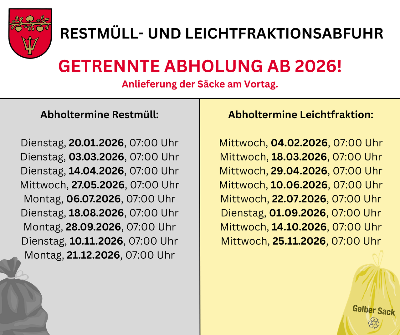 Eine Anzeige für die Abfallsammlung im Jahr 2026, die separate Abholtermine für Restmüll und Leichtfraktionen aufführt. Die Termine sind für verschiedene Tage im Jahr 2026 aufgeführt, zusammen mit der Zeit, 07:00 Uhr.