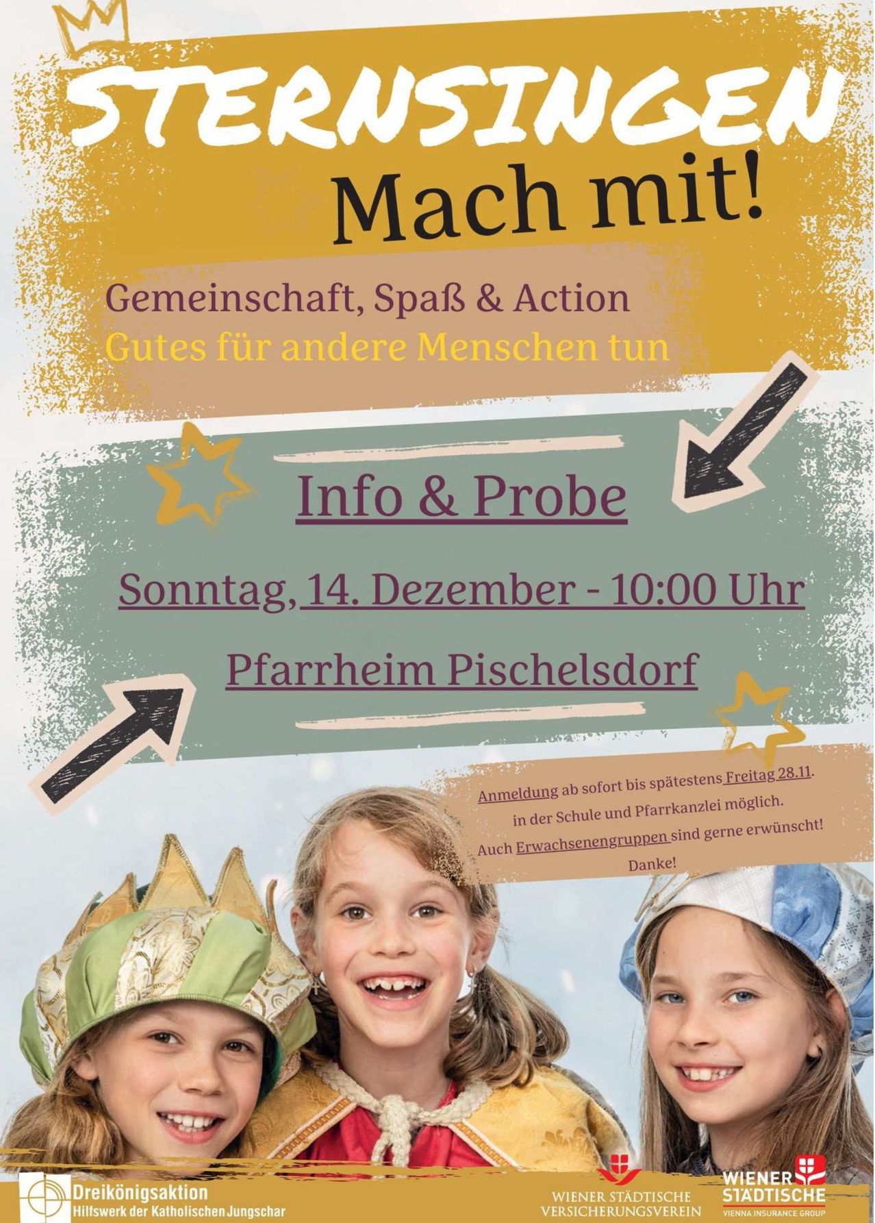Ein Plakat für eine Gemeinschaftsveranstaltung namens 'Mach mit!' in Pischelsdorf, die zur Teilnahme an Gemeinschaft, Entspannung und Aktion einlädt. Die Veranstaltung ist für Sonntag, den 14. Dezember um 10:00 Uhr geplant. Die Anmeldung wird in der Schule und am Parkplatz empfohlen. Auch Erwachsenengruppen sind willkommen. Danke!