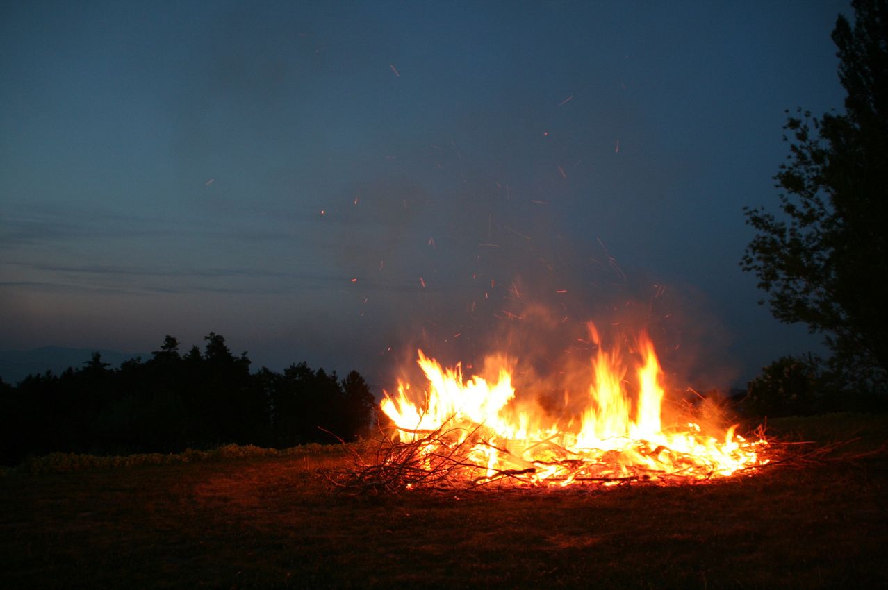 A large bonfire is burning brightly in an open field, surrounded by trees. The fire emits sparks against the night sky.