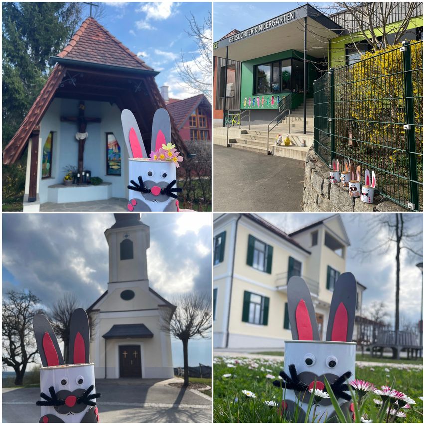 A collage of four images showing Easter decorations, including a church, a kindergarten, and a house. Each image features a crafted rabbit figure.