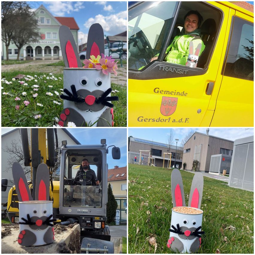 Four images of a man planting Easter decorations. The first is a decorated rabbit. The second is the man planting it. The third is a decorated rabbit on a machine. The fourth is the man planting it.