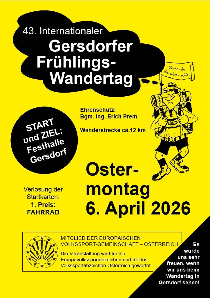 Poster for Gersdoffer Spring Walking Day. Organizer is Ing. Erich Prem. Distance is approximately 12 km. Start and end point is Festhalle Gersdoff. Date is April 6, 2026.