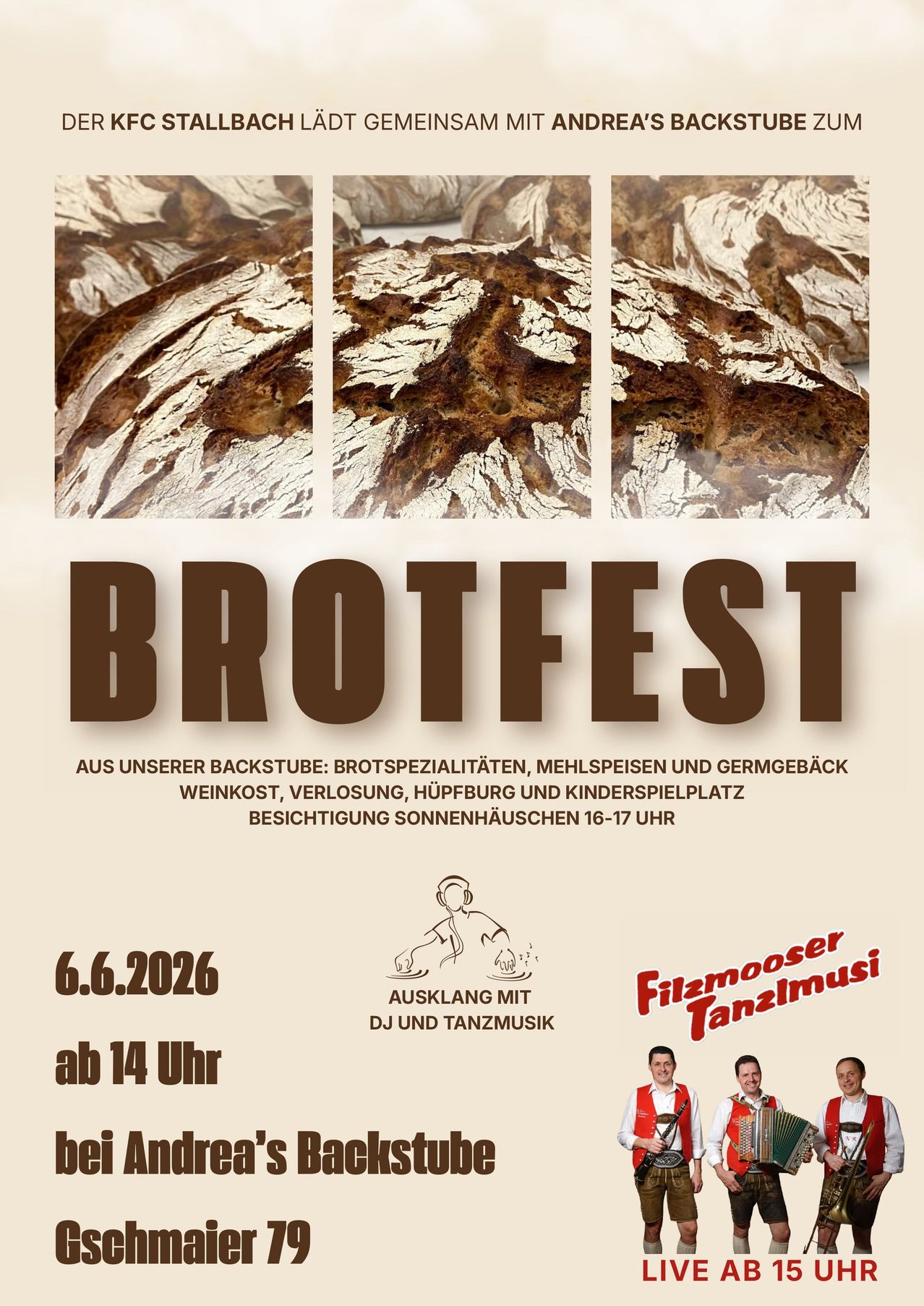 Brotfest-Werbeposter mit verschiedenen Brotsorten, geöffnet von 16-17 Uhr, mit Live-Musik ab 14 Uhr, am 6. Juni 2026.