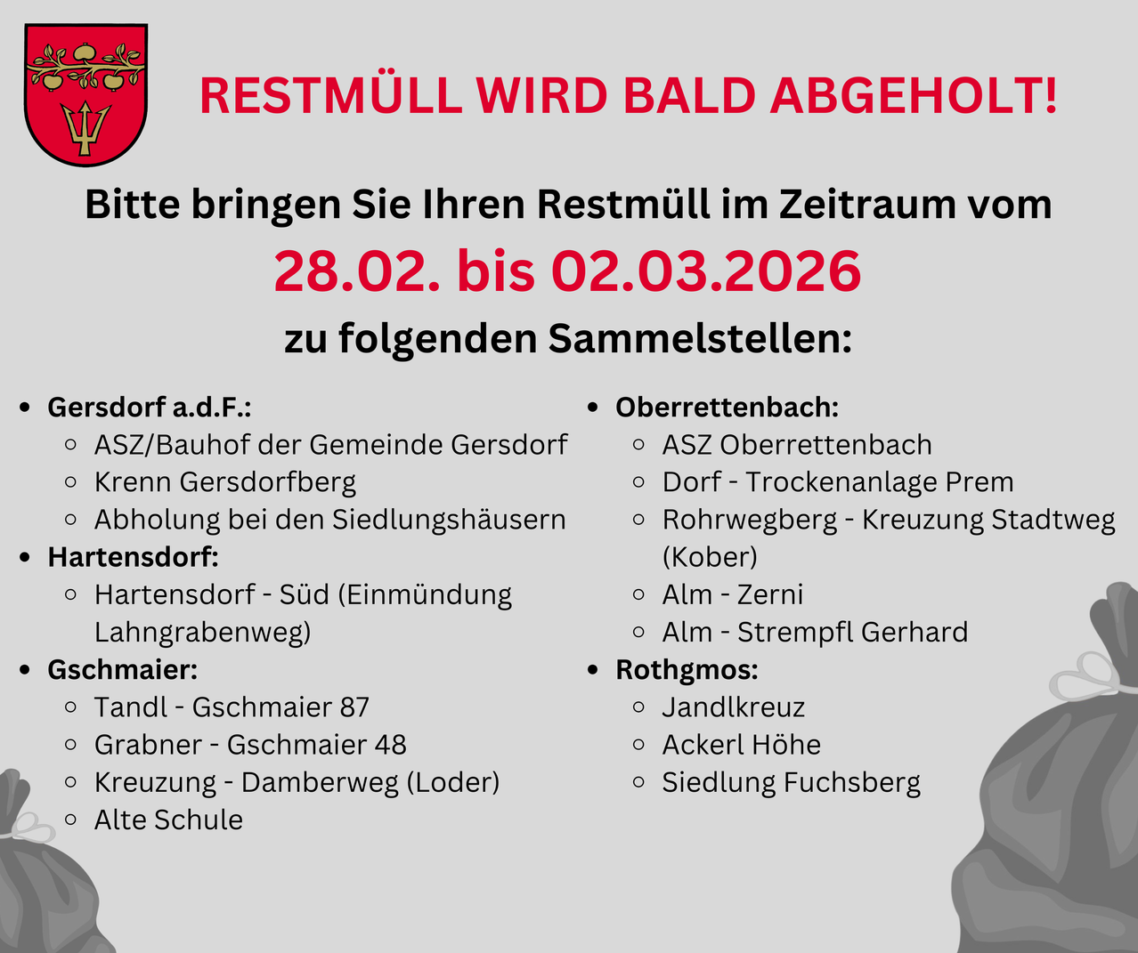 Das Bild ist eine Ankündigung für die Sammlung von Recyclingabfällen. Der Sammelzeitraum ist vom 28.02. bis 02.03.2026. Sammelstellen sind aufgelistet.