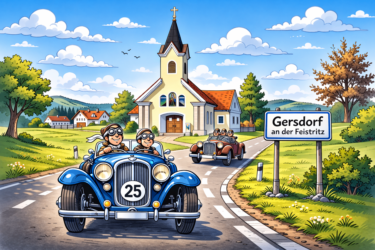 Eine Illustration von zwei Personen in einem blauen Auto mit der Nummer 25, das an einer Kirche mit einem Turm und einem Kreuz auf der Spitze vorbeifährt. Ein weiteres Auto folgt ihnen.