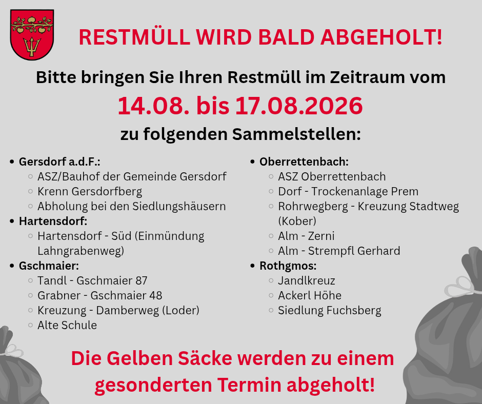 A notice about the collection of residual waste in Gersdorff, Germany, from August 14th to 17th, 2026. Collection points are listed, including Oberrettenbach, Rohrwegberg, and others. Yellow bags will be collected separately.