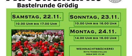 Poster for an Advent market in Grodig, Austria. Dates include Saturday, November 23rd from 10:00 AM to 4:00 PM, Sunday, November 24th from 2:00 PM to 4:00 PM, and Monday, November 25th from 2:00 PM to 4:00 PM. Christmas bakers are requested to reserve at 0664 505 15 38. Pre-orders are accepted until stock lasts.