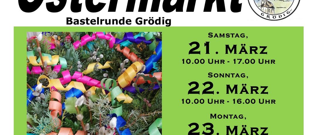 Der Ostermarkt befindet sich gegenüber der Pfarrkirche in Grodig. Er läuft vom 21. bis 23. März. Am Samstag öffnet er um 10 Uhr und schließt um 17 Uhr. Am Sonntag öffnet er um 10 Uhr und schließt um 16 Uhr. Am Montag öffnet er um 14 Uhr und schließt um 16 Uhr.