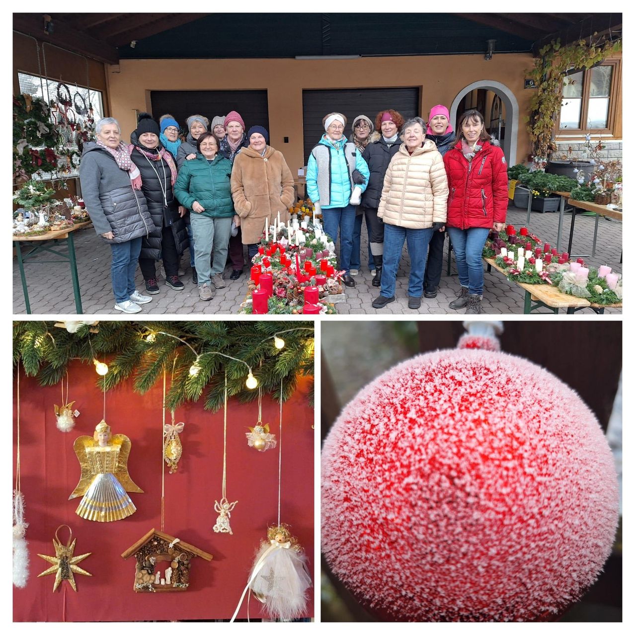 Eine Collage zeigt eine Gruppe von Frauen in Winterkleidung vor einem dekorierten Bereich mit Weihnachtsschmuck und Kerzen. Ein weiteres Bild zeigt Weihnachtsschmuck, der von einem Baum mit Lichterketten hängt.