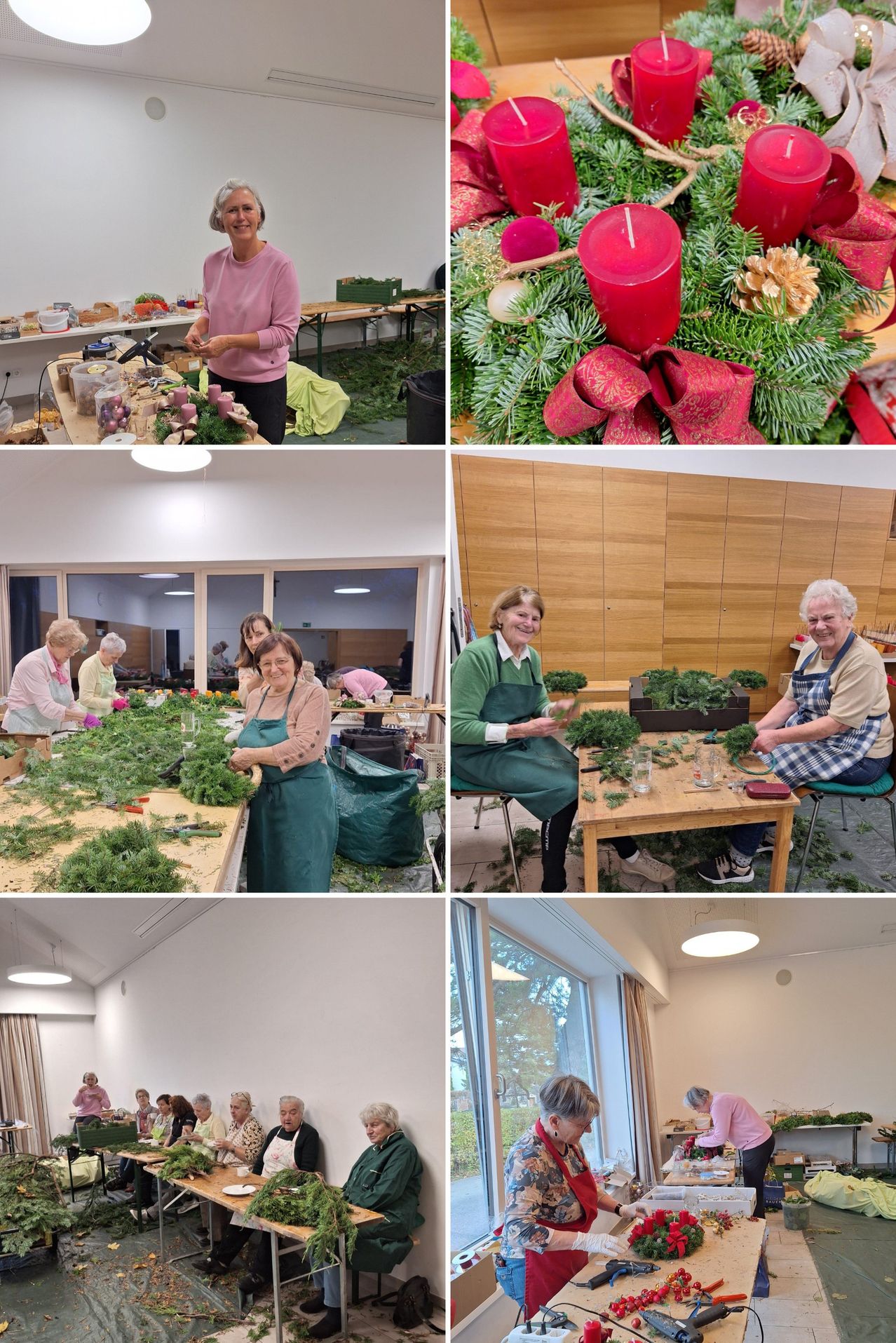 Four images depict a crafting event. Image 1 shows a woman in a pink sweater. Image 2 shows a wreath with a red candle. Image 3 shows three women crafting. Image 4 shows a woman crafting.