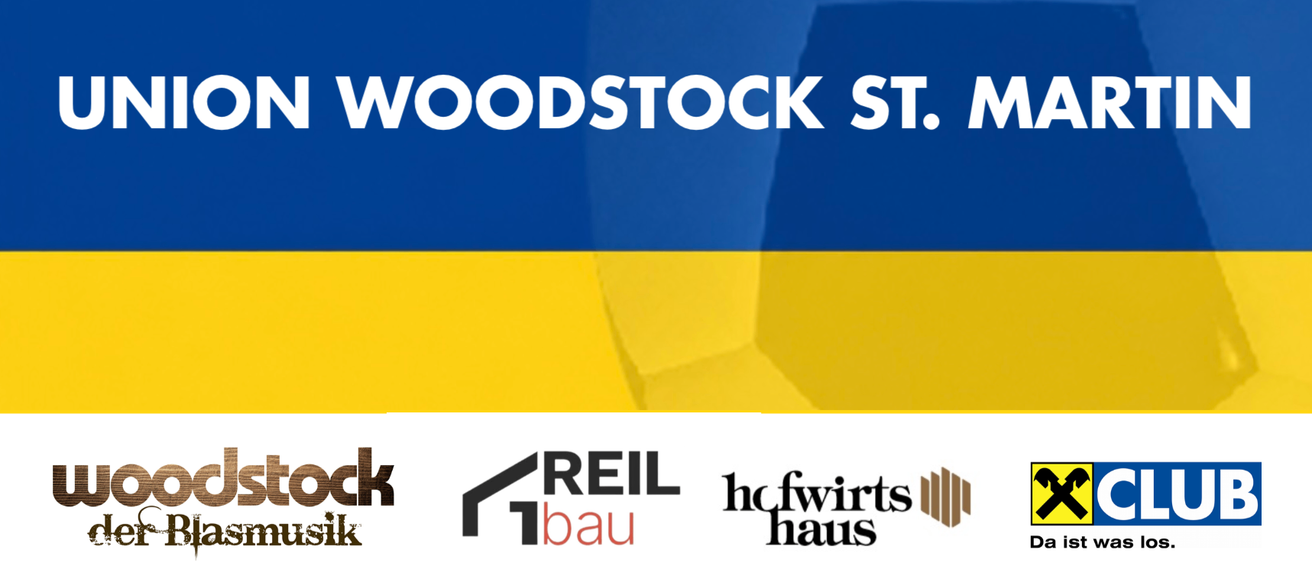 Ein blauer und gelber Hintergrund mit Logos für Union Woodstock, REiL Bau, hcFwirts Haus und CL. Unten befindet sich ein blaues und weißes Wellenmuster.