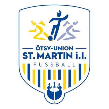 Das Emblem des Fußballvereins OeTSV-Union St. Martin i.I. zeigt ein blaues, weißes und gelbes Farbschema. Es enthält eine stilisierte Figur, die einen Ball tritt, sowie blaue und gelbe Streifen.