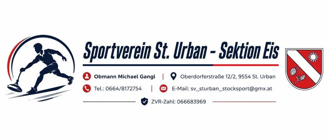 Ein weißes Banner mit einem Fußballspieler-Grafik und Details von Sportverein St. Urban - Sektion Eis, einschließlich Kontaktdaten.