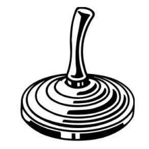 Eine Schwarz-Weiß-Illustration eines kreisförmigen Objekts mit einem Griff oben und einem kleinen kreisförmigen Objekt daneben.