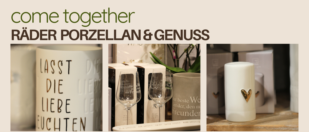 Das Bild zeigt eine Collage verschiedener Produkte mit dem Wort 'zusammen' in grünen Buchstaben. Es enthält Bilder von einer Tasse, Weingläsern und einer Topfpflanze. Der Text 'Porzelan & Genuss' ist in braunen Buchstaben geschrieben. Das Wort 'Zusammen' ist prominent angezeigt.