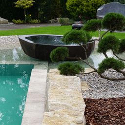 Bild enthält, Backyard, Outdoors, Walkway, Flagstone, Slate, Grass, Plant, Tub, Pool, Water
