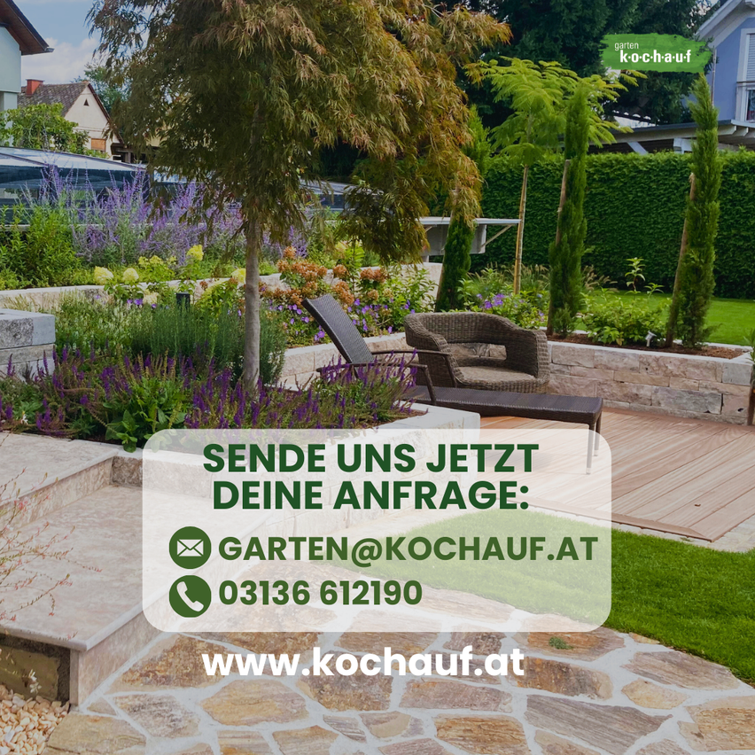 Ein Garten mit Bäumen, Sträuchern und Blumen. Ein Holzstuhl und Stühle stehen auf dem Pfad. Ein Schild mit der Aufschrift 'SENDE UNS JETZT DEINE ANFRAGE:' und einer E-Mail-Adresse und Telefonnummer.