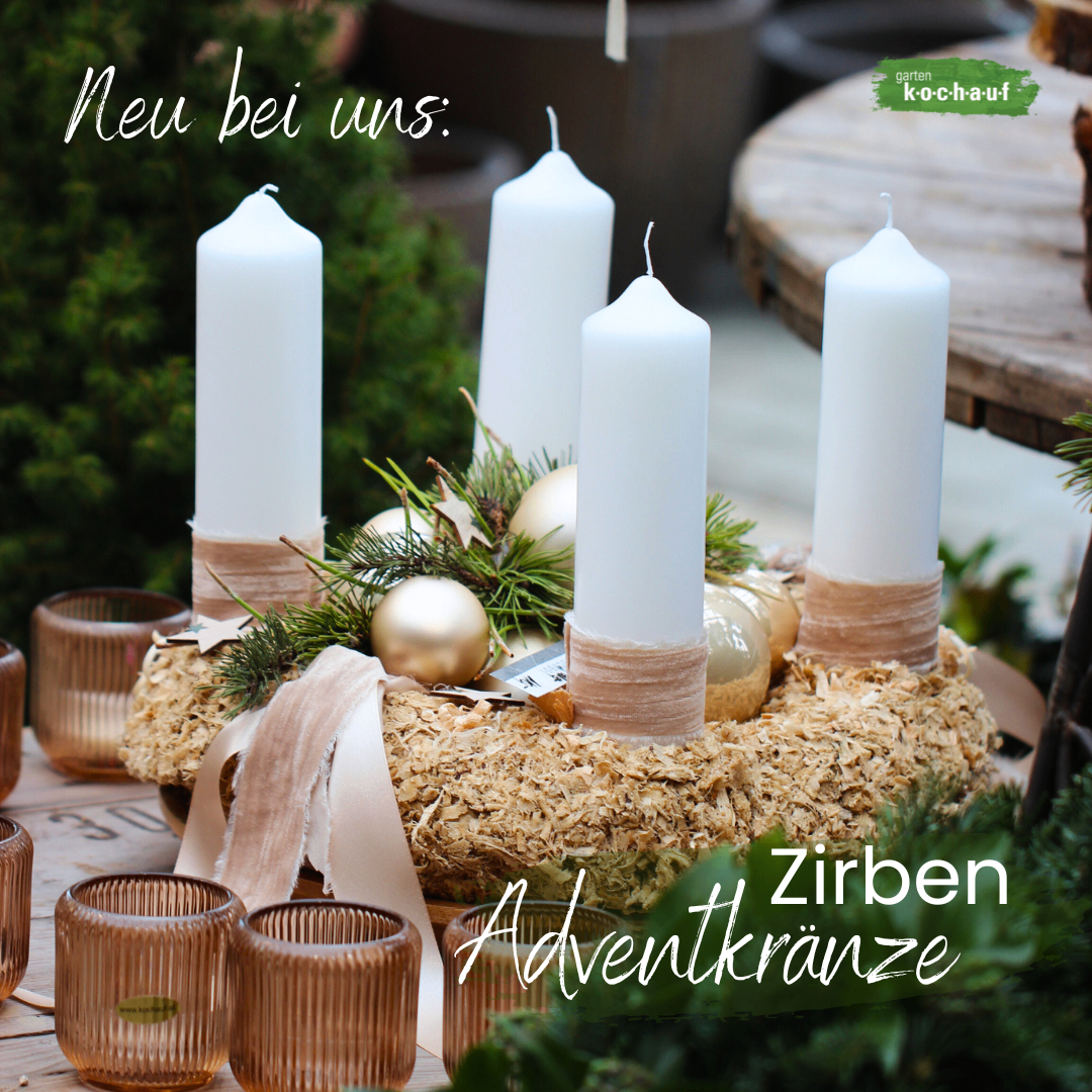 A wreath made of dried leaves surrounds four white candles. Three gold ornaments are placed among the leaves. The image has a watermark that reads 'Zirben Adventkranze'.