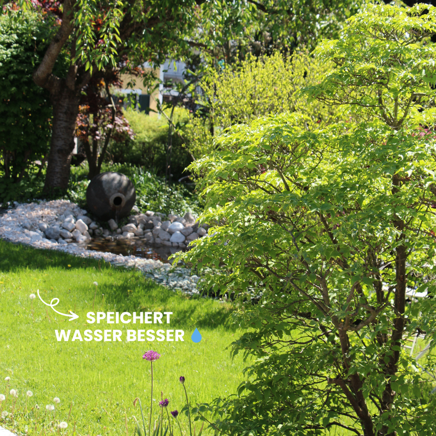 Gartenszene mit grünen Pflanzen, einem dekorativen Wasserspiel und einem Steinpfad. Das Bild betont effiziente Wasserspeicherung.