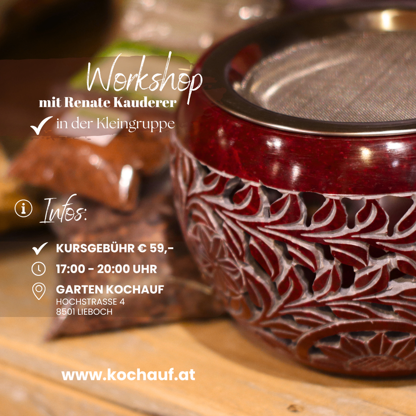 Ein roter Keramiktopf mit aufwendigen Mustern ist auf einer Holzoberfläche ausgestellt. Der Text 'Workshop' und 'mit Renate Kauderer in der Kleingruppe' steht links. Ein Häkchen und 'Infos:' sind unten links. Die Workshopgebühr beträgt 59 €, die Zeit ist 17:00-20:00. Adresse und Website sind ebenfalls angegeben.