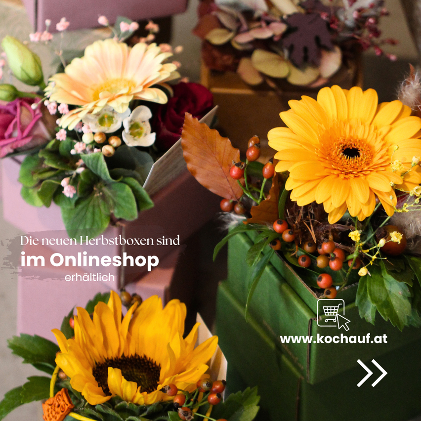 Eine Sammlung von Herbstblumenarrangements in verschiedenen Boxen, einschließlich Gänseblümchen, Rosen und Herbstblättern. Das Bild bewirbt einen Online-Shop mit einer Website-Verknüpfung.