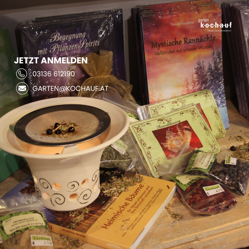 A table displays a ceramic incense burner, books, and various herbal products. 'JETZT ANMELDEN' is written above the burner, with contact information below.