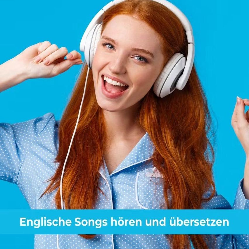 A woman with long red hair wearing white headphones smiles while holding the earpiece. She is wearing a blue polka-dot shirt. The image has a blue background with the text 'Englische Songs horen und ubersetzen'.