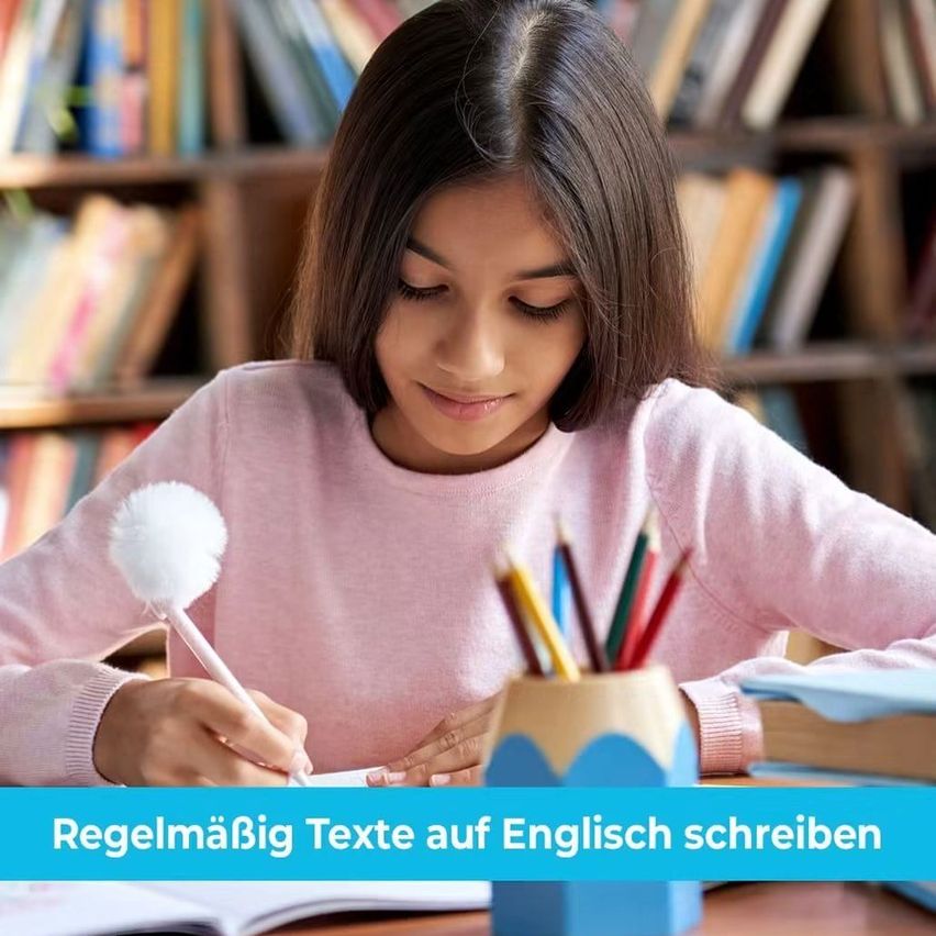 A young girl is sitting at a desk, writing in a notebook with a pen and surrounded by books and pencils. The image has a blue border and text overlay.