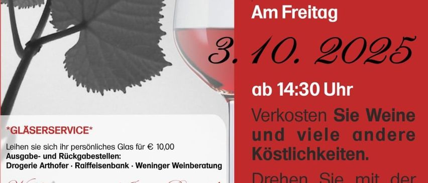Werbeposter für ein Wein- und Mehr-Erlebnis. Veranstaltungsdatum ist der 3. Oktober 2025, Beginn um 14:30 Uhr. Beinhaltet Weinverkostungen und verschiedene Köstlichkeiten.
