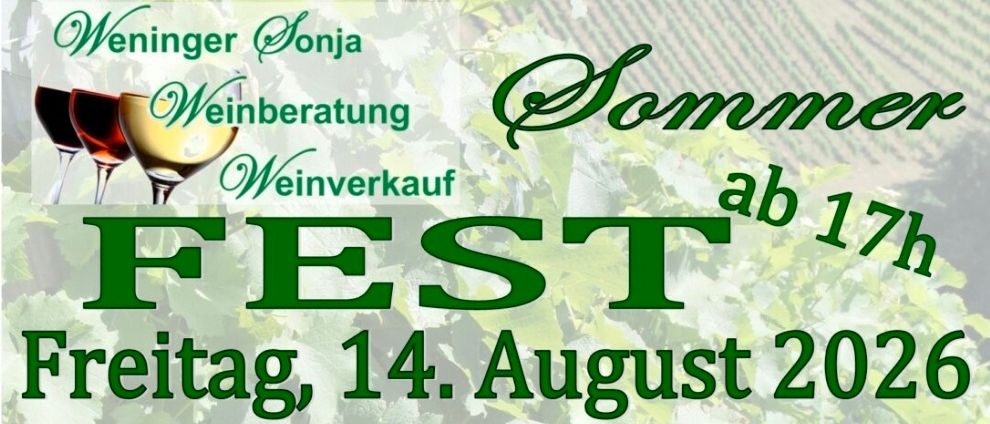 Ein Veranstaltungsposter für 'Fest' am 14. August 2026 mit Manfred Spies und Hans Czettel, Musik und Unterhaltung ab 19 Uhr. Inklusive Grill-Spezialitäten, großes Bier und freier Eintritt. Wetterabhängig.