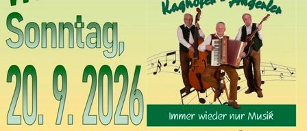 Plakat für eine Weinverkostungsveranstaltung mit einem Trio von Musikern, die Instrumente spielen. Die Veranstaltung ist für Sonntag, den 20. September 2026, um 22:30 Uhr geplant. Das Plakat enthält Details zu Weinverkostungen, Bier und kulinarischen Köstlichkeiten.