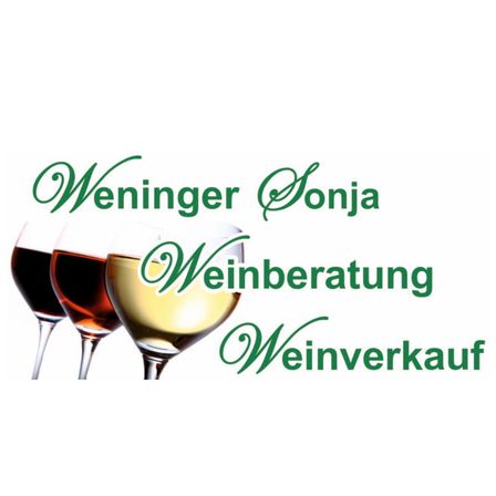 Ein Logo von Sonja Weniger mit drei Weinglasern, auf denen 'Weinberatung' und 'Weinverkauf' stehen. Die Gläser sind mit verschiedenfarbigen Weinen gefüllt.