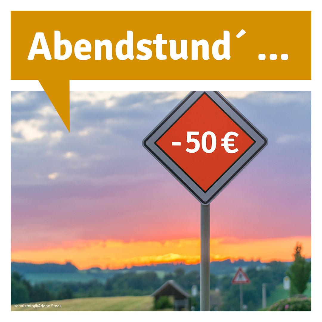 A sunset background with a sign indicating a 50 Euro reduction. A speech bubble says 'Evening'.